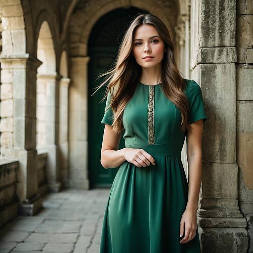 Elegant Woman in Green Dress Standing by Historic Stone Archway