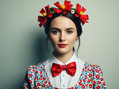 Woman in Floral Dress with Red Bow Tie and Flower Headband Fancy Dress