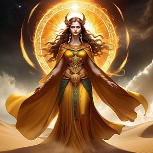 Woman in Golden Gown Against Radiant Desert Sun