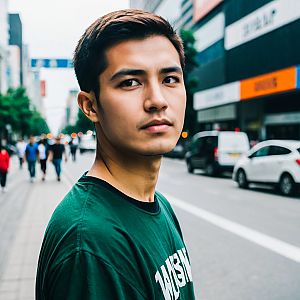 Young man in green shirt on urban street