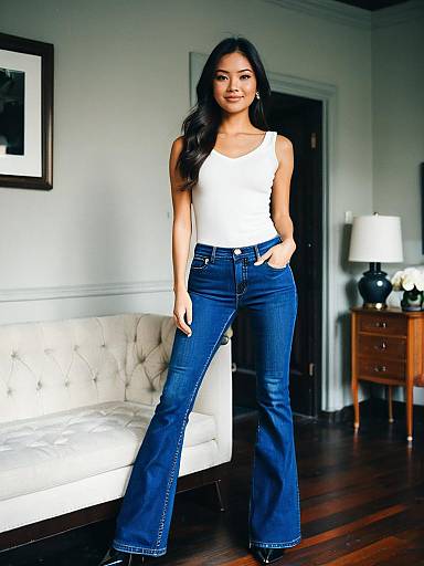 Woman in White Top and Petite Flare Jeans Standing Indoors