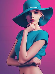 Stylish woman in blue hat and dress against pink background