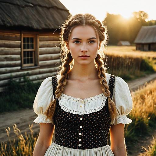 Young Woman in Traditional Dress by Rustic Cabin at Sunset