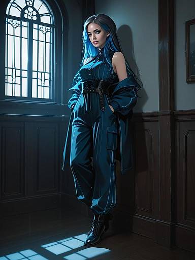 Dark Illustrious Woman with Blue Hair in Futuristic Outfit by Window