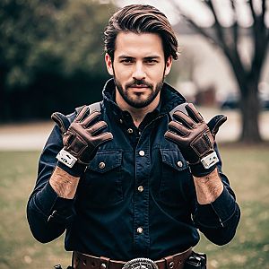 Confident Young Man in Dark Jacket and Leather Gloves