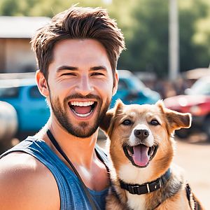 Happy man with dog outdoors