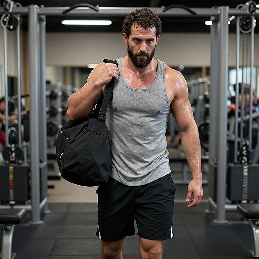 Muscular Man Carrying Gym Bag After Intense Workout in Fitness Center