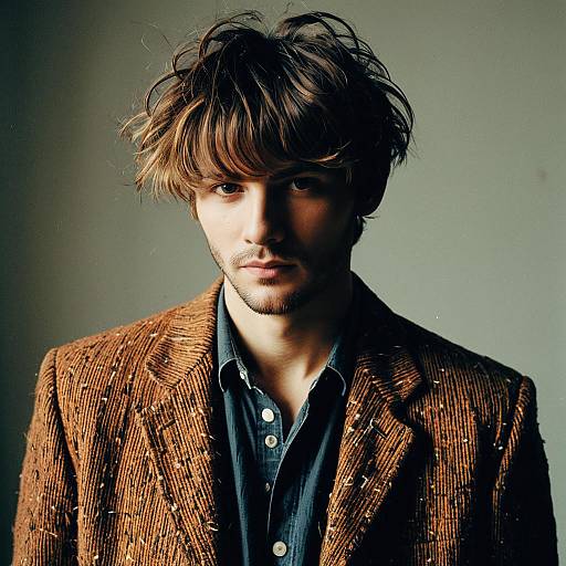 Portrait of Young Man in Textured Brown Jacket with Tousled Hair