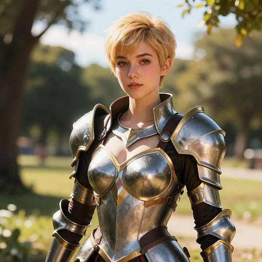 Young Woman in Shiny Medieval Armor with Short Blonde Hair