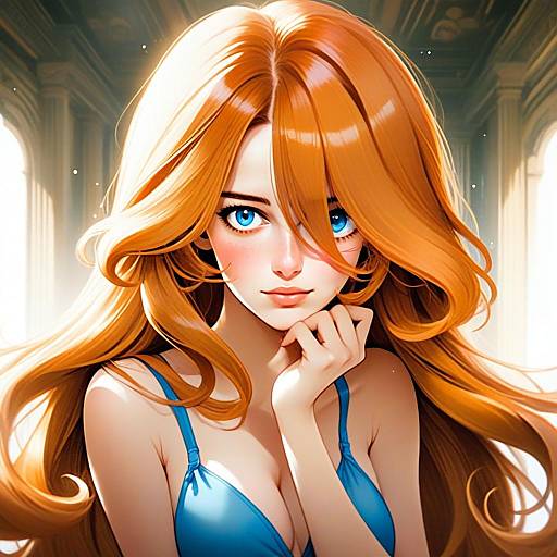 Digital Anime Portrait of Red-Haired Woman with Blue Eyes in Architectural Setting