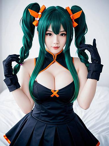 Ai Chan Honkai Impact Cosplay Woman with Teal Twin-Tails and Black Orange Outfit