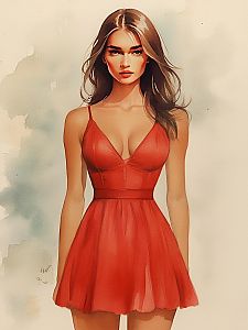 Woman in Vibrant Red Dress with Watercolor Style