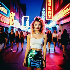Confident Woman in Neon Urban Setting