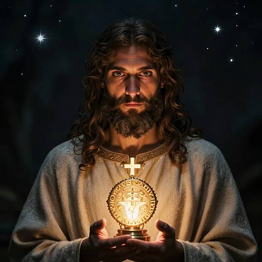 Man Holding Glowing Religious Artifact in Dark Starry Background