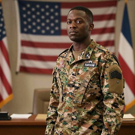 Man in Military Uniform Standing in Room with American Flags