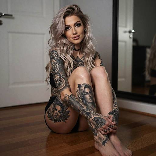Tattooed Woman Sitting on Wooden Floor with Blonde Hair and Artistic Black & Grey Tattoos