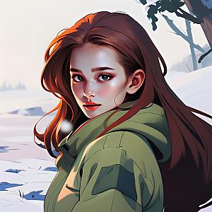 Young Woman in Green Jacket in Snowy Landscape