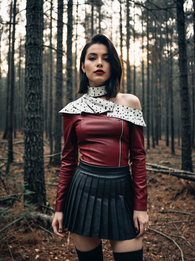 Stylish Woman in Burgundy Leather Top and Black Pleated Skirt in Forest