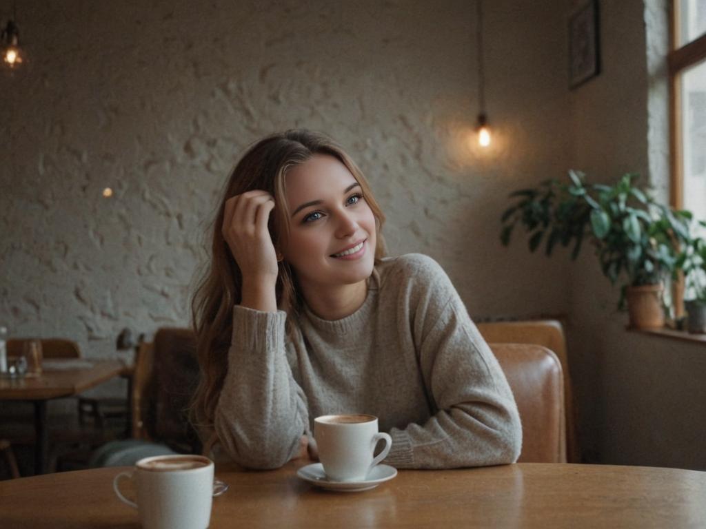 Woman in Sweater Enjoying Coffee in Artistic Café