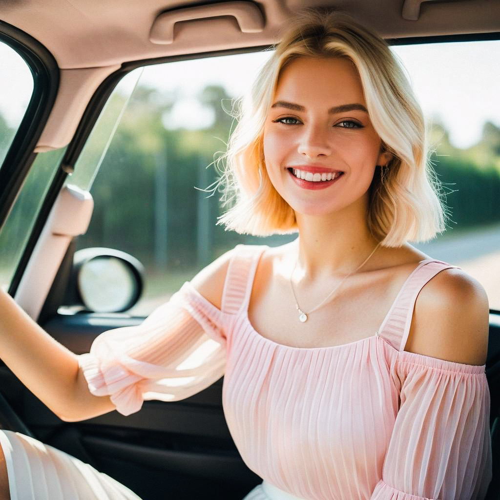Smiling Woman in Car - Sunlit Mood