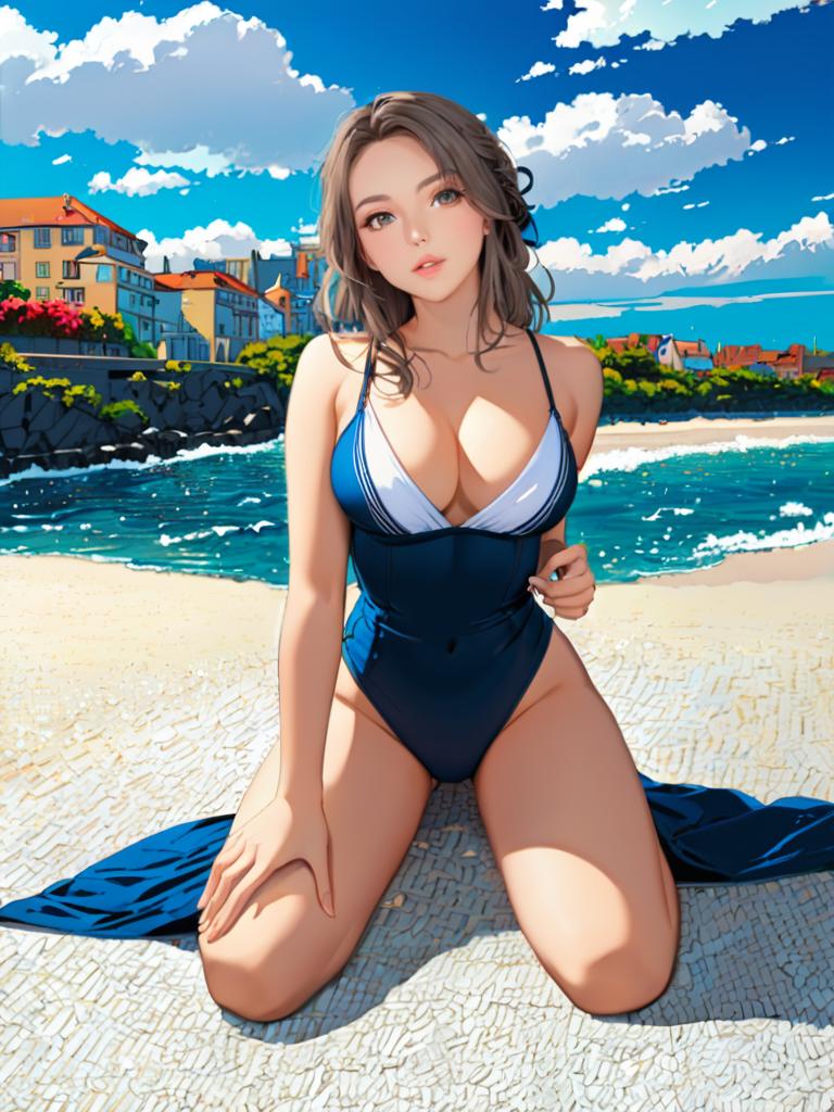 Anime Woman in Blue Swimsuit on Beach