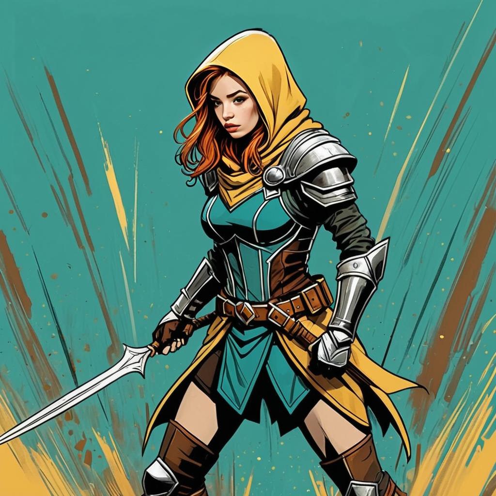 Woman Warrior in Armor with Sword Comic Illustration