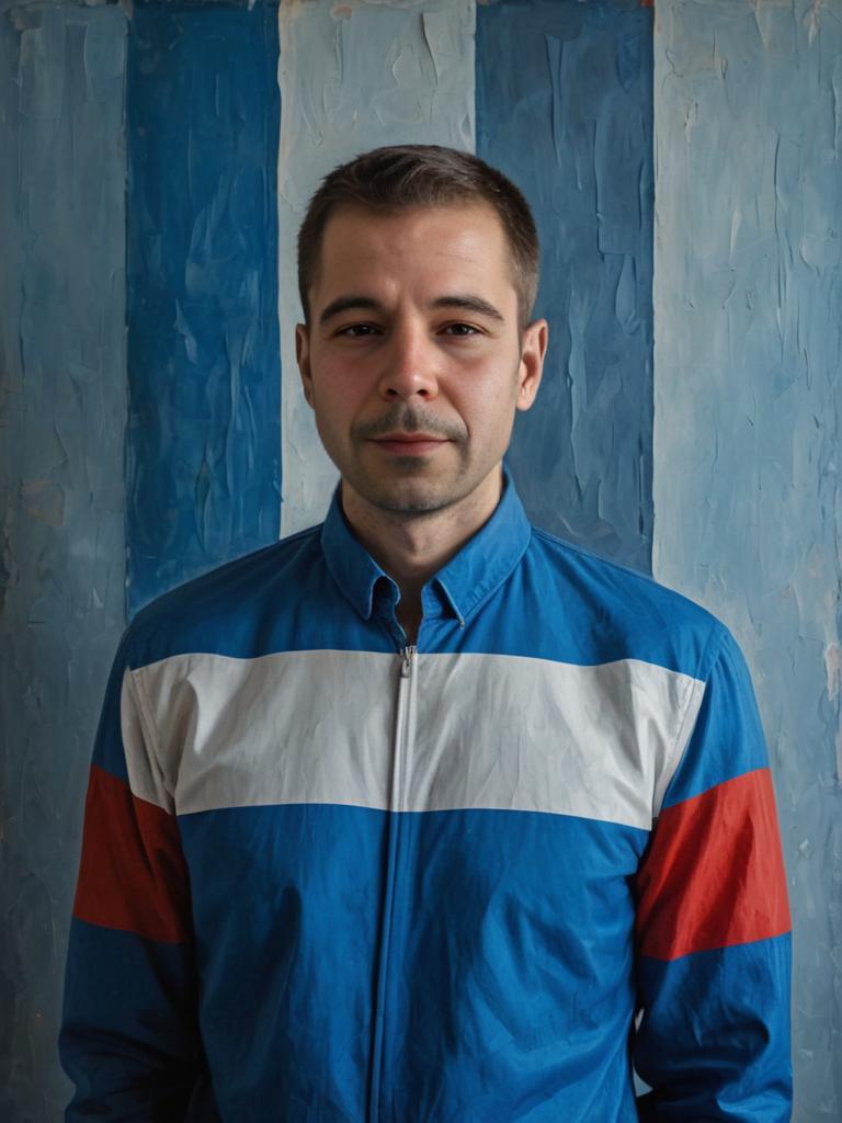 Confident Man in Vintage 90s Windbreaker Against Blue Wall