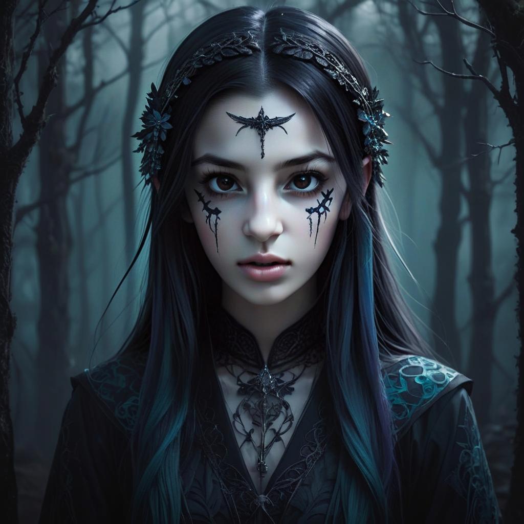 Mystical Woman with Gothic Tattoos in Foggy Forest