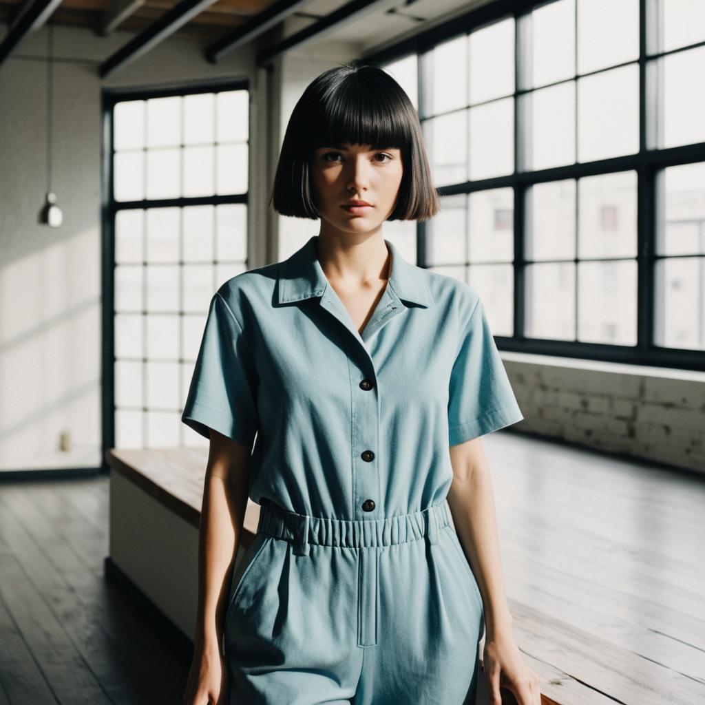 Young Woman in Light Blue Outfit Posing in Industrial Loft