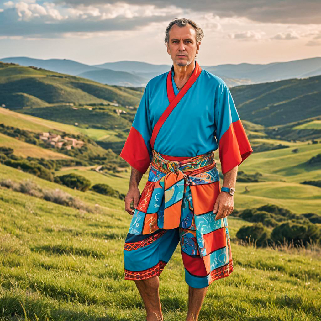 Confident Man in Vibrant Blue and Orange Outfit Against Scenic Landscape