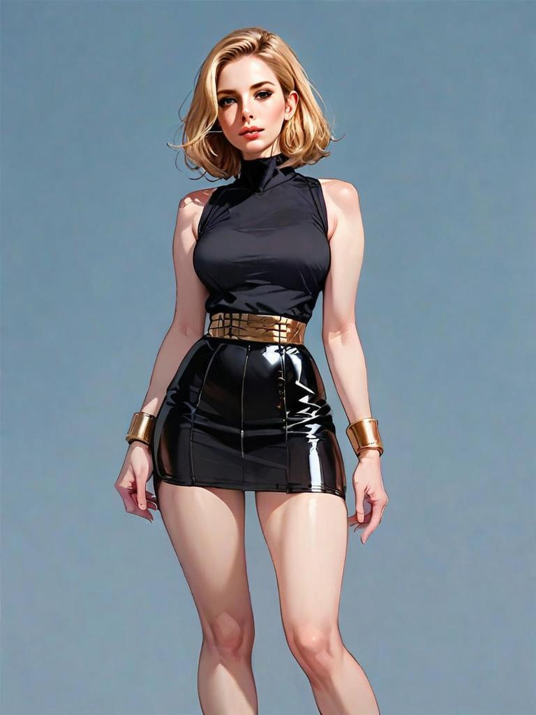 Stylish Woman in Black Sleeveless Top and Glossy Mini Skirt Full Body Shot