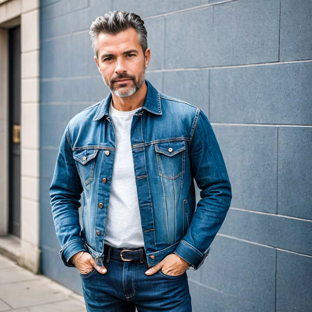 Confident Mature Man Wearing Denim Jacket and Jeans Outdoors