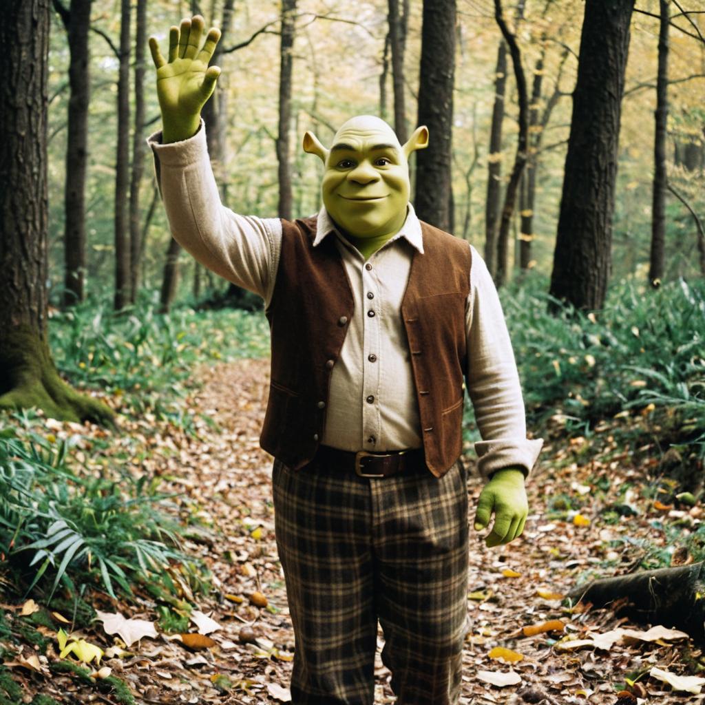 Green-Skinned Man in Forest Path