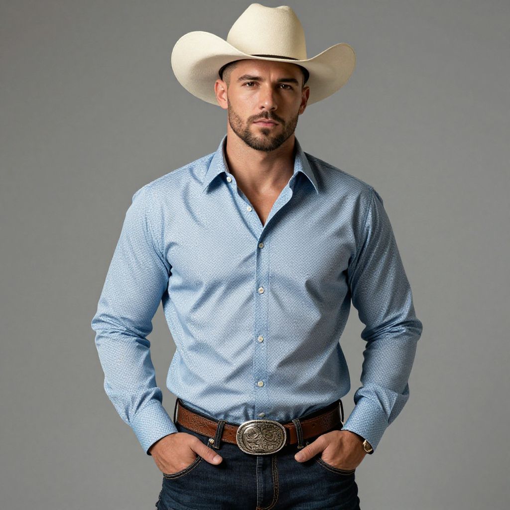 Confident Man in Light Blue Western Shirt and Cowboy Hat