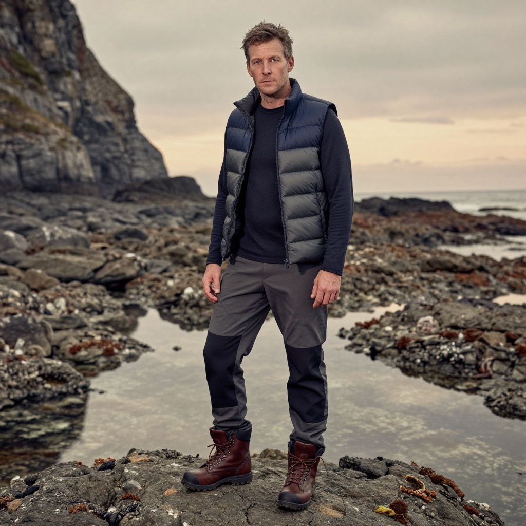 Man in Outdoor Hiking Gear on Rocky Coastal Shore