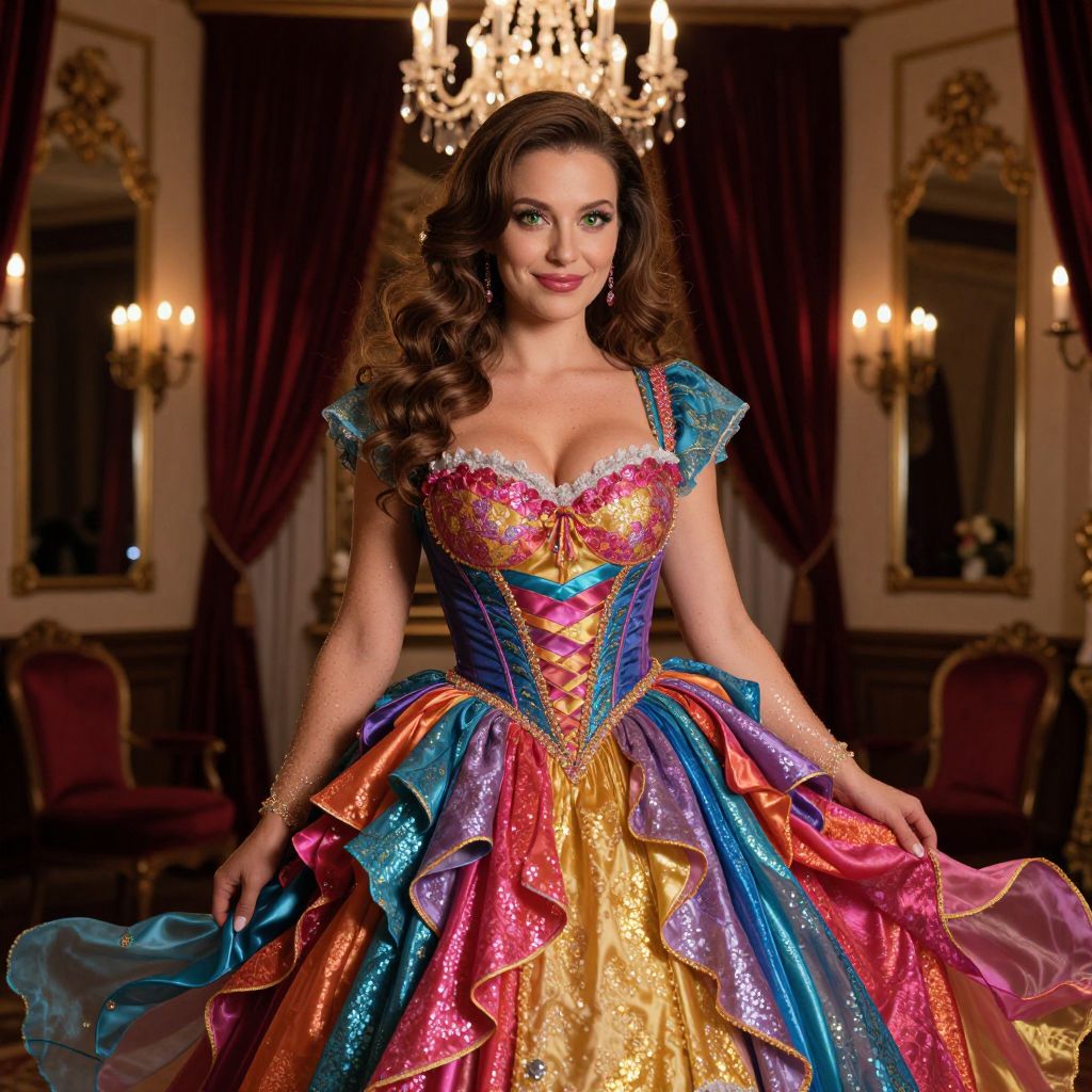 Elegant Woman in Colorful Vintage Ball Gown in Luxurious Room