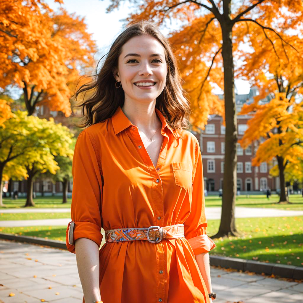 Cheerful Woman in Orange Dress Amid Autumn Trees