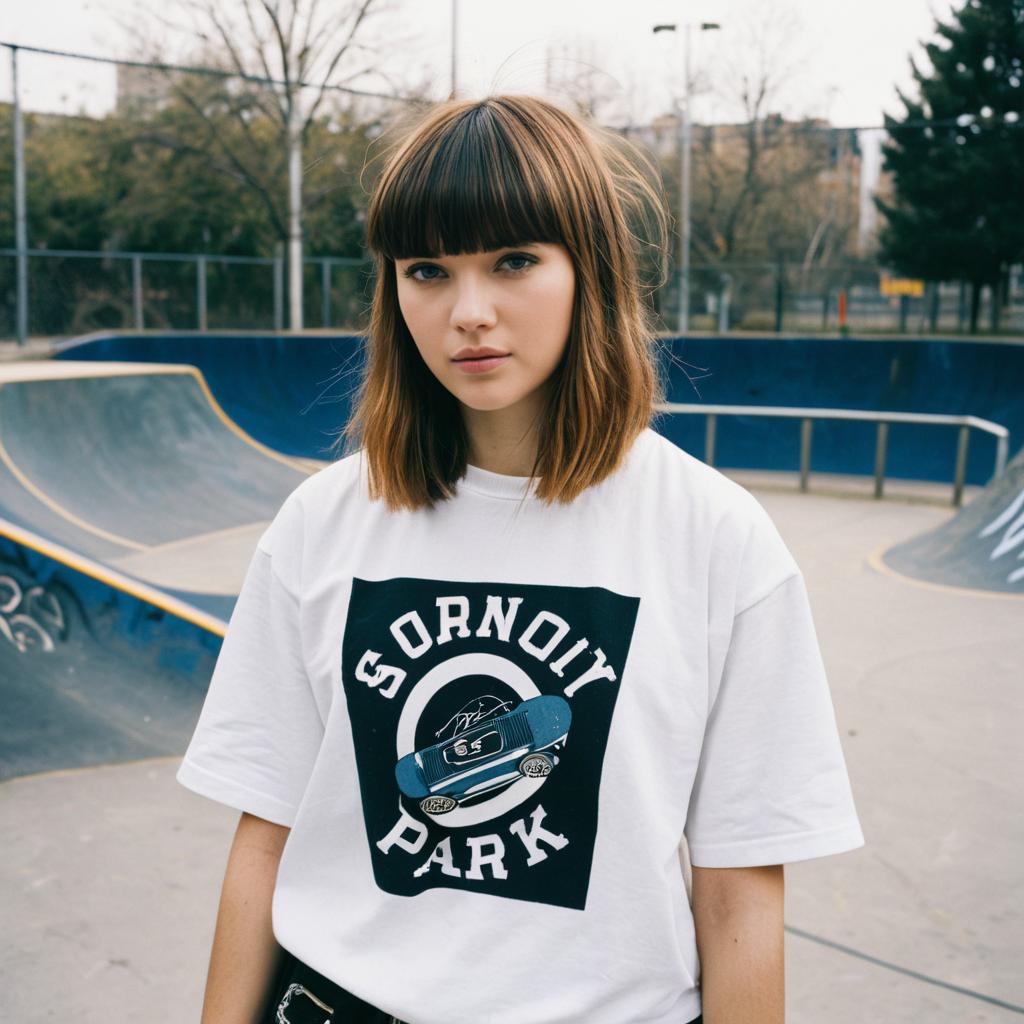 Young Woman in White Graphic T-Shirt at Skate Park