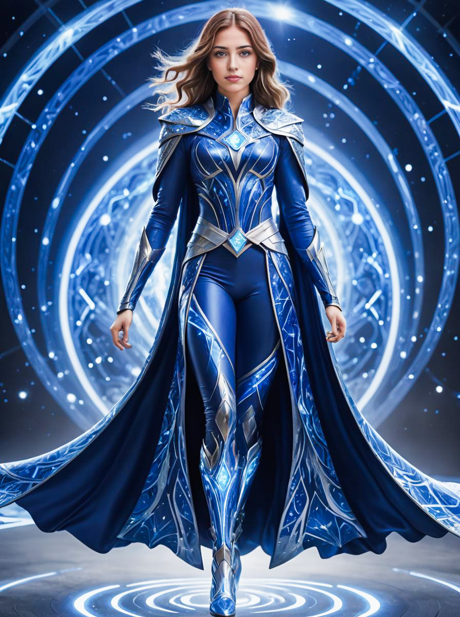 Striking Woman in Blue Silver Fantasy Costume