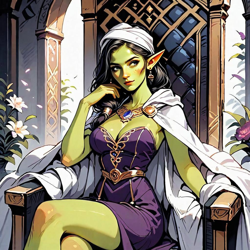 Fantasy Elf Woman on Throne in Purple Dress Digital Artwork