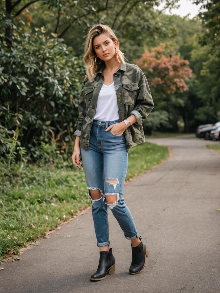 Stylish Woman in Camo Jacket on Park Pathway