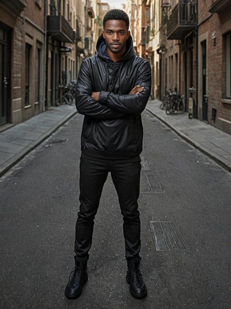 Confident Man in Black Leather Jacket in Urban Street