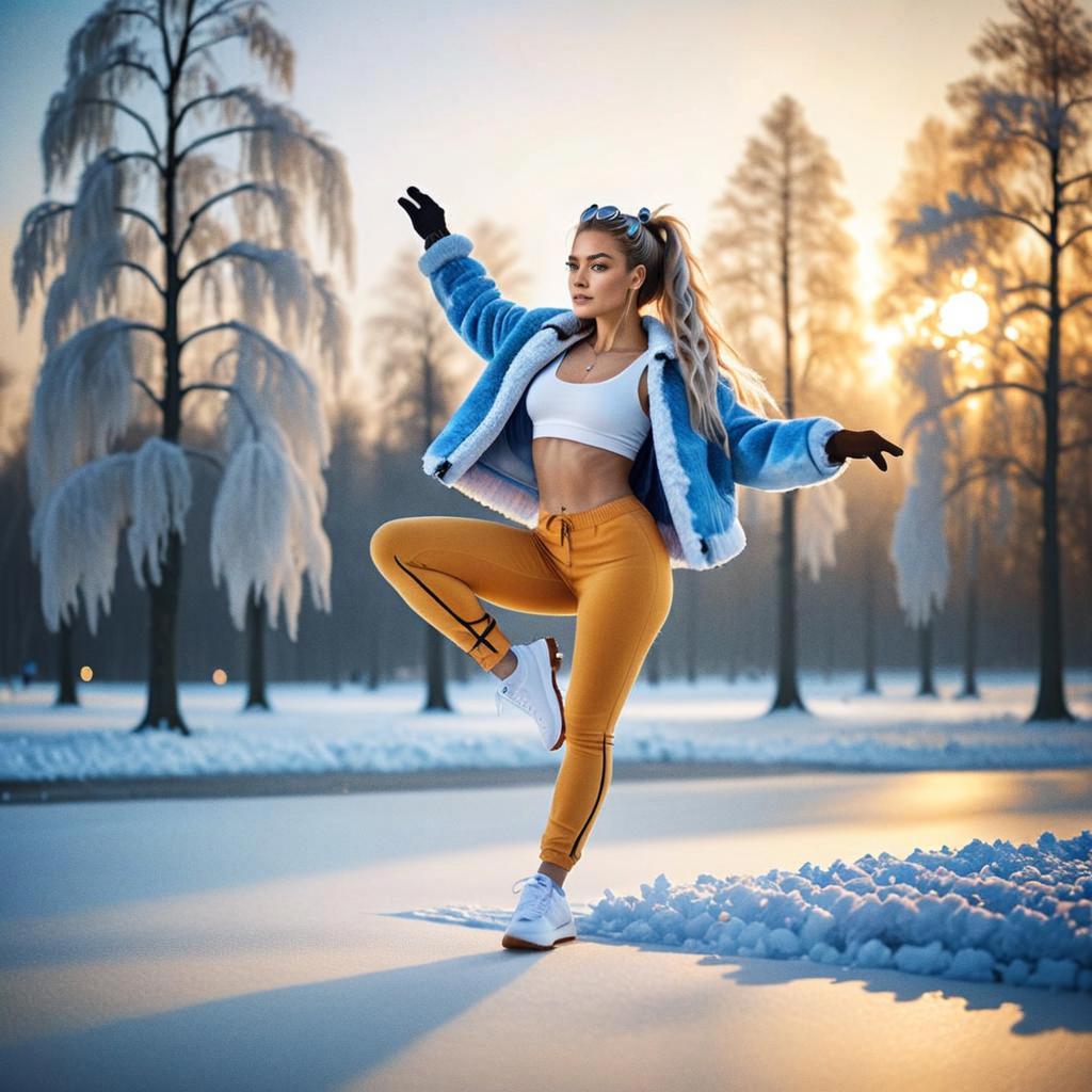 Fashionable woman on ice in blue faux fur and yellow leggings