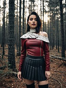 Stylish Woman in Burgundy Leather Top and Black Pleated Skirt in Forest