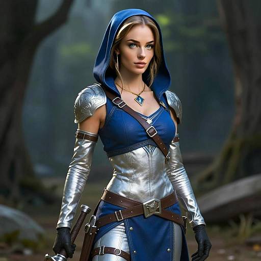 Fantasy Woman Warrior in Blue Hood and Silver Armor