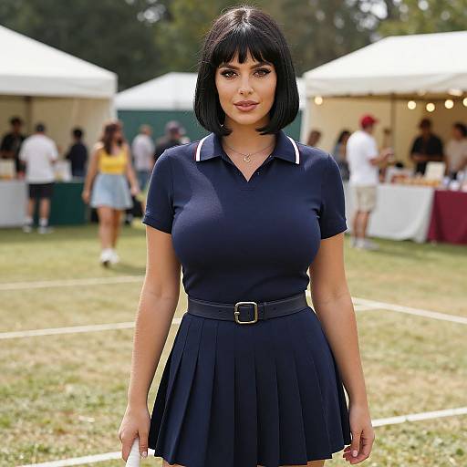 Woman in Navy Blue Polo and Pleated Skirt at Outdoor Market Event
