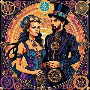 Steampunk Man and Woman in Vibrant Gear Attire