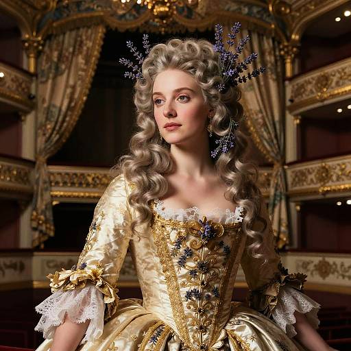 Elegant Woman in 18th Century Gown with Lavender in Theatre