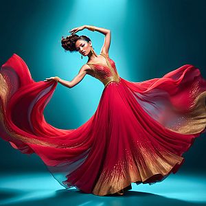 Elegant Woman in Red and Gold Gown