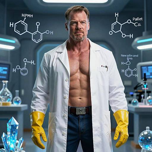 Muscular Man in Lab Coat with Yellow Gloves in Futuristic Science Laboratory
